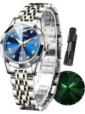 Women's Blue Dial Diamond Silver Stainless Steel Waterproof Elegant Luxury Watch